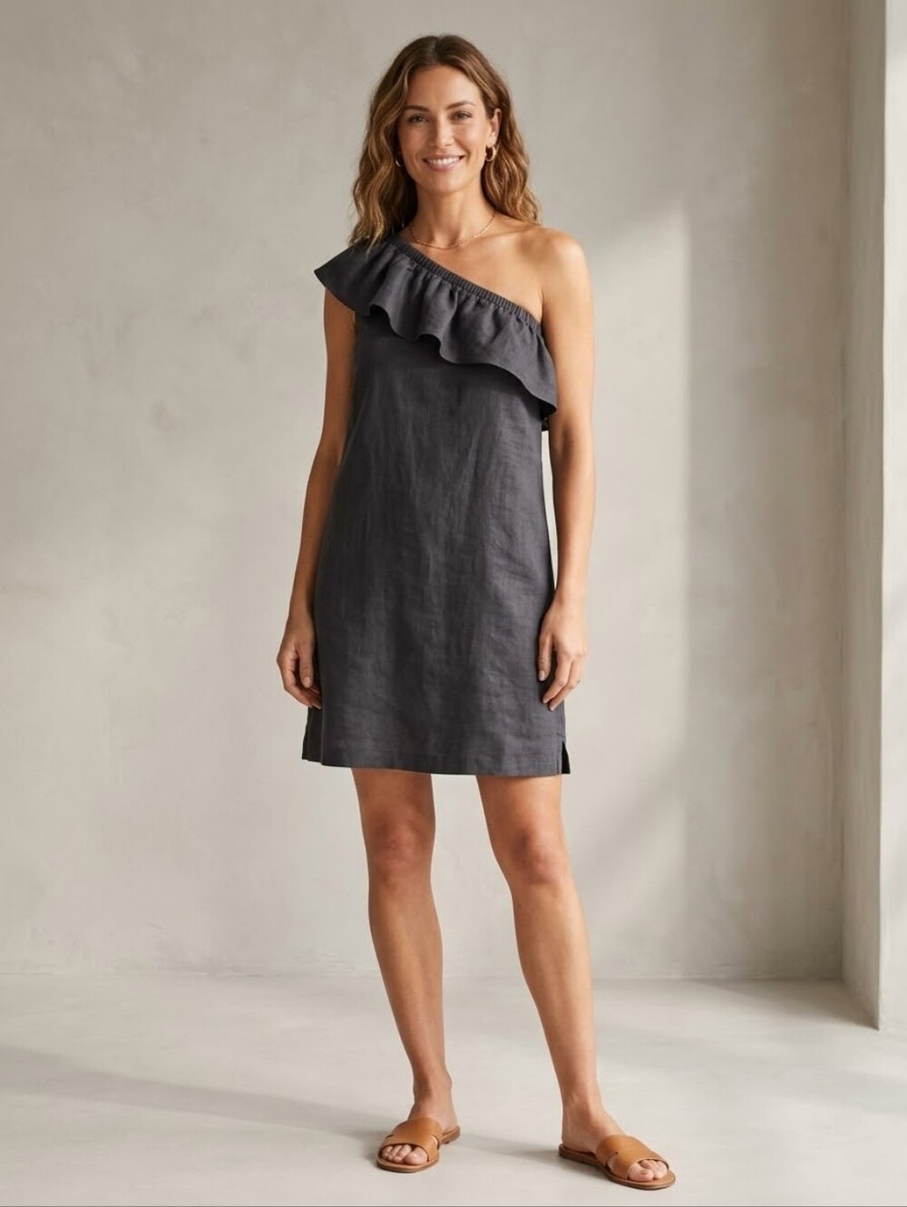 J. Crew Linen Black One Shoulder Mini Dress